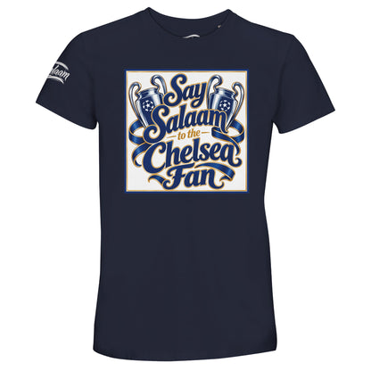 Say Salaam to the Chelsea Fan, Design #7, on a French Navy 50% recycled unisex cotton T-shirt. The French Navy shade is also described as deep navy, midnight blue and ebony-clay navy. Front-view mock-up showing the Say Salaam fan graphic printed on a short-sleeved crew-neck tee. For Chelsea FC, Blues and Stamford Bridge. Casual unisex graphic clothing for men and women, modest Muslim streetwear, everyday fashion and themed presents. Suitable for weekends, matchdays, birthdays and Eid gifts.