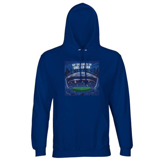 Say Salaam to the Chelsea Fan Design #7 Part-Recycled Cotton-Poly Hoodie – Royal Blue / Dark Midnight Blue featuring night-mode Stamford Bridge art, blue-tinted text, and the energy of West London football fandom. A modest hooded pullover for Chelsea fans who check the club store for drops, talk tactics, and rep the Blues from academy talent to the men’s and women’s squads. Built for cold weather chants, stylish Muslim-friendly lettering, and football memories from the Bridge to wherever the new stadium is.