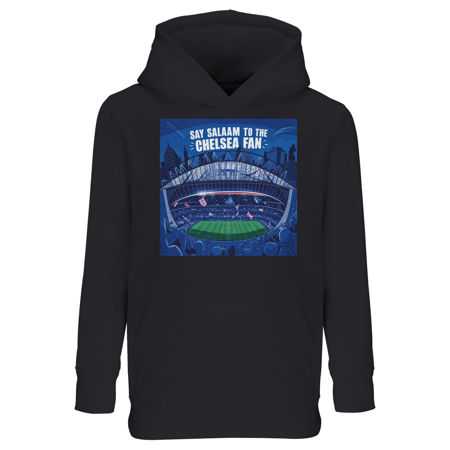 Say Salaam to the Chelsea Fan Design #7 Part-Recycled Cotton-Poly Kids Hoodie – Black / Jet featuring Stamford Bridge night match artwork with a bold ‘Chelsea Fan’ slogan across a lit-up stadium. Graphic hooded jumper for children who stream Premier League highlights or follow the Blues in the Champions League. Boys hoodie, girls pullover, unisex modest football streetwear – not Chelsea Megastore or Chelsea club shop gear. For fans who sing for Palmer, Enzo, and the future of SW6.