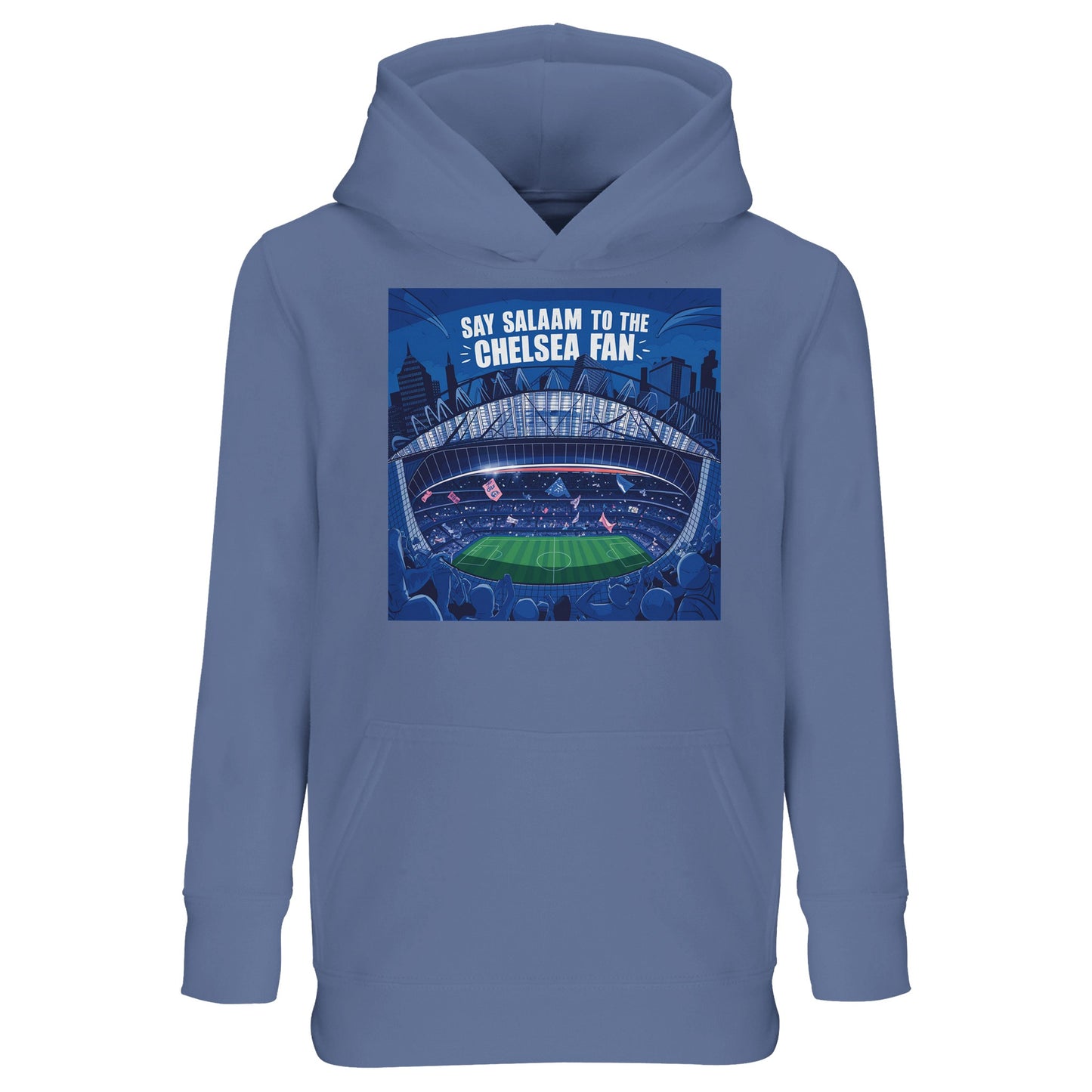 Say Salaam to the Chelsea Fan Design #7 Part-Recycled Cotton-Poly Kids Hoodie – Blue / Waikawa Grey featuring stadium art and matchday graphics with flags, crowd noise and bold ‘Chelsea Fan’ print. This modest football hooded top is perfect for EPL score-trackers, Champions League watchers or kit collectors backing Chelsea. Graphic pullover for boys, girls, or unisex fans – a children’s sweatshirt built for match streaming, post-match talk, or VAR drama reactions from Stamford Bridge to the sofa.