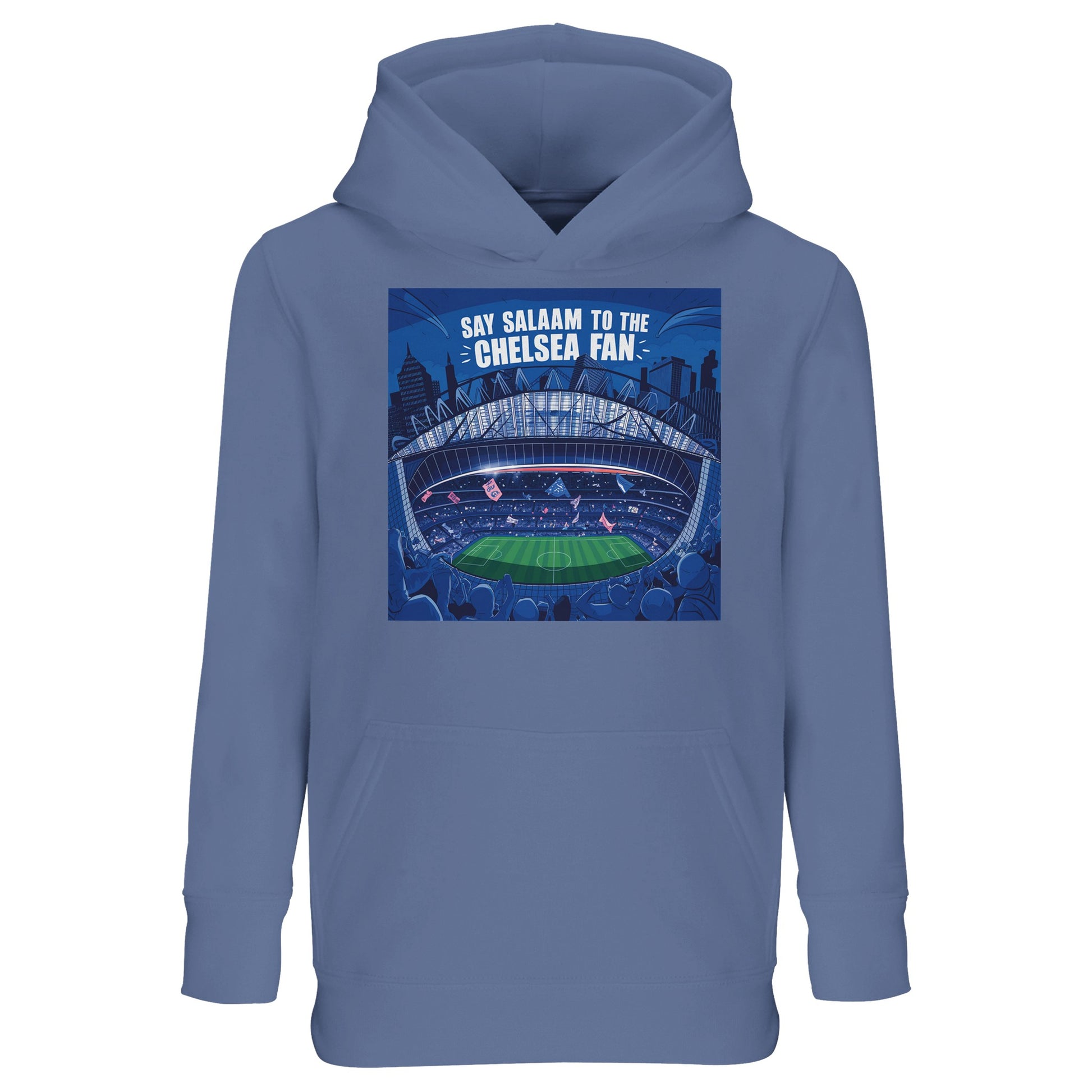 Say Salaam to the Chelsea Fan Design #7 Part-Recycled Cotton-Poly Kids Hoodie – Blue / Waikawa Grey featuring stadium art and matchday graphics with flags, crowd noise and bold ‘Chelsea Fan’ print. This modest football hooded top is perfect for EPL score-trackers, Champions League watchers or kit collectors backing Chelsea. Graphic pullover for boys, girls, or unisex fans – a children’s sweatshirt built for match streaming, post-match talk, or VAR drama reactions from Stamford Bridge to the sofa.