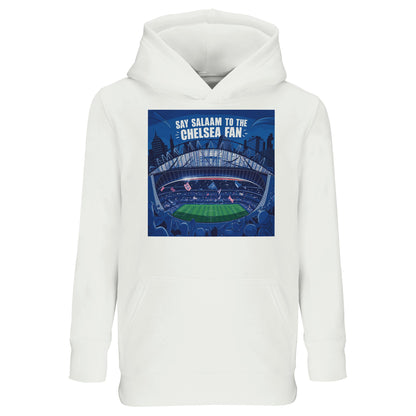 Say Salaam to the Chelsea Fan Design #7 Part-Recycled Cotton-Poly Kids Hoodie – White / Platinum featuring Stamford Bridge under the lights with a packed crowd and bold 'Say Salaam to the Chelsea Fan' text. A youth football hooded jumper for boys or girls who stream Premier League games or follow Enzo Maresca’s squad home and away. Graphic pullover, modest sportswear, Chelsea sweatshirt for young supporters singing songs. Not Chelsea Megastore or Chelsea club shop or Chelsea store – this is unofficial.