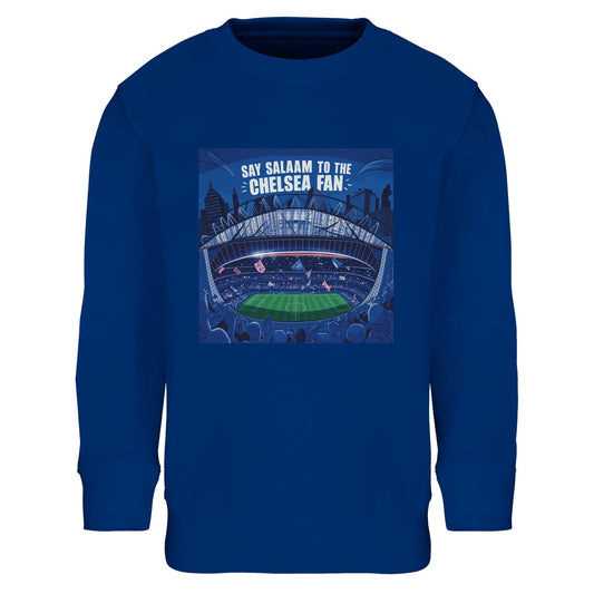 Say Salaam to the Chelsea Fan Design #7 Part-Recycled Cotton-Poly Kids Sweatshirt – Royal Blue / Dark Midnight Blue with matchday Stamford Bridge crowd artwork. A modest long-sleeve football pullover for Muslim youngsters who play in academies, stream games, or sing chants. Featuring stadium lights and no official crest – just Chelsea love for boy and girl supporters. From the Shed End, this is Megastore-level gear without being club shop merch for children wondering where the new stadium will be built.