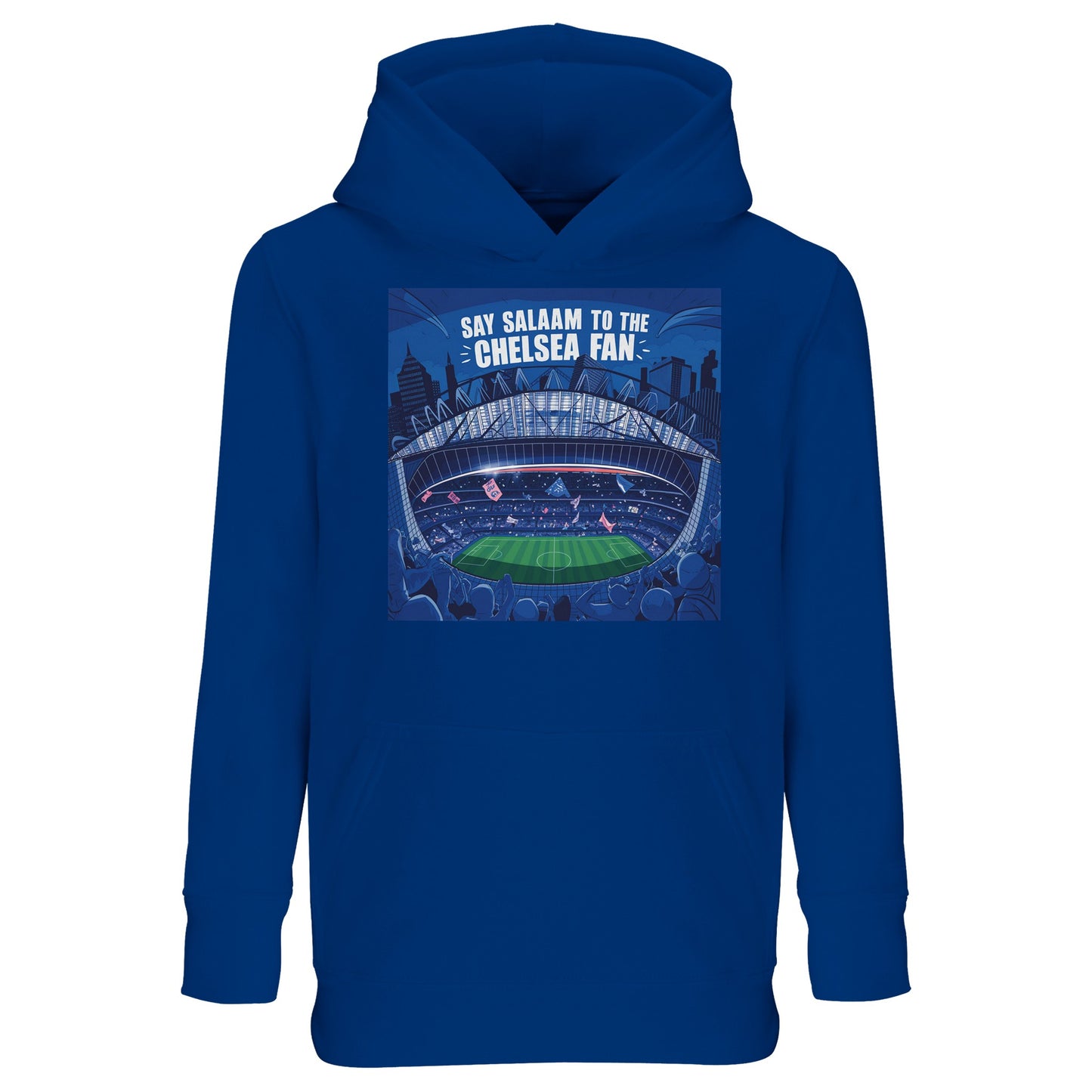 Say Salaam to the Chelsea Fan Design #7 Part-Recycled Cotton-Poly Kids Hoodie – Royal Blue / Dark Midnight Blue featuring a vivid stadium graphic of Chelsea's home ground Stamford Bridge under matchday lights. Long sleeve football hooded top for modest boys, girls or unisex fans who follow every goal, squad update, and UCL or EPL clash. Sweatshirt for youths into kits, Chelsea chants, or playing for the Blues dreams. Youth football fashion to wear while streaming, supporting, or posting post-match stuff.