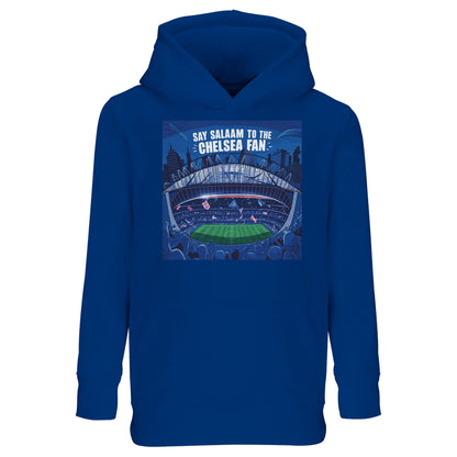 Say Salaam to the Chelsea Fan Design #7 Part-Recycled Cotton-Poly Kids Hoodie – Royal Blue / Dark Midnight Blue featuring a vivid stadium graphic of Chelsea's home ground Stamford Bridge under matchday lights. Long sleeve football hooded top for modest boys, girls or unisex fans who follow every goal, squad update, and UCL or EPL clash. Sweatshirt for youths into kits, Chelsea chants, or playing for the Blues dreams. Youth football fashion to wear while streaming, supporting, or posting post-match stuff.