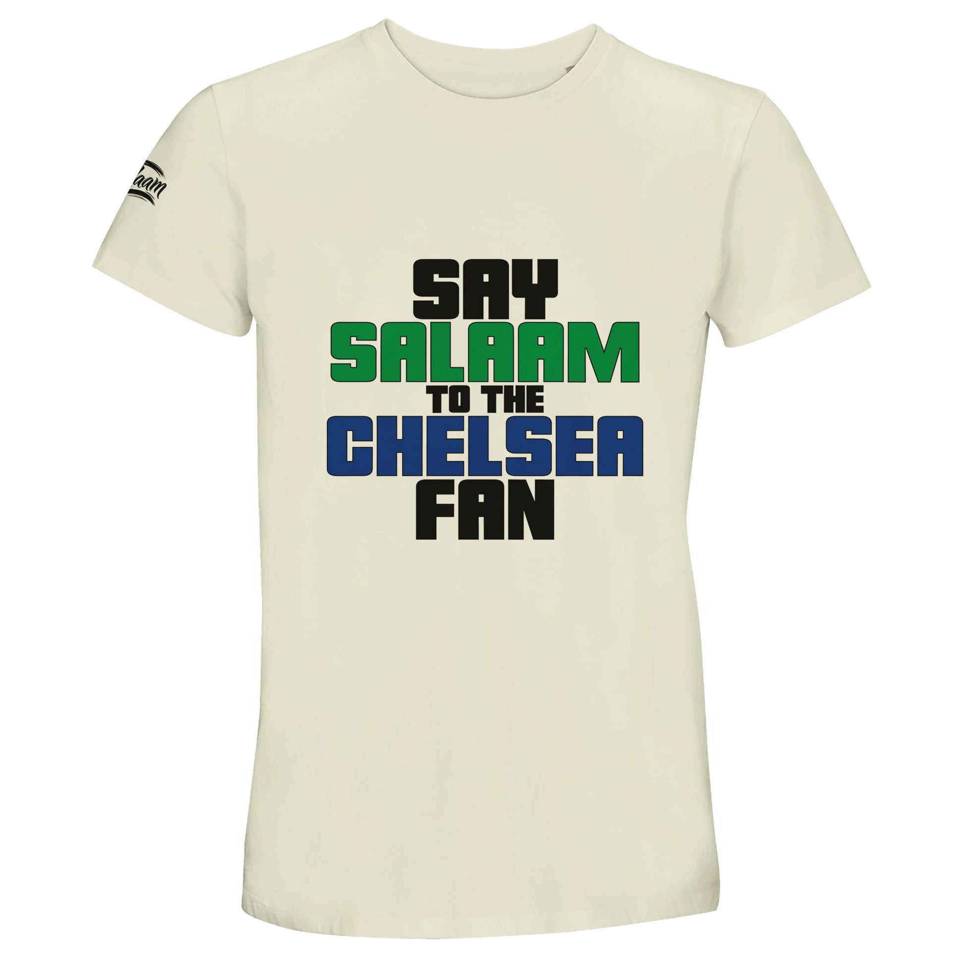 Say Salaam to the Chelsea Fan Original 50% Recycled Unisex Cotton T-Shirt – Natural / Moon Mist / Satin Linen / Beige featuring bold, text-based design in Black, La Salle Green and Royal Blue. This minimalist tee is for Blues faithful or Chelsea Muslim Supporters Group members who scroll transfer news between prayers – from Stamford Bridge to the World Club Cup. A non-Megastore fusion of football fandom and faith for fans of Zola, Lampard, Terry, Drogba, and Enzo in home, away, and third kits across SW6.