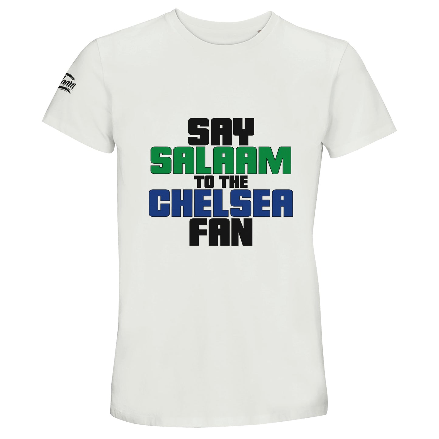Say Salaam to the Chelsea Fan Original 50% Recycled Unisex Cotton T-Shirt – White / Platinum featuring bold, text-based design in Black, La Salle Green and Royal Blue. This minimalist tee is for the Blues faithful – from Stamford Bridge to the World Club Cup. A fusion of soccer fandom and faith for those who adore Zola, Lampard, Terry, Drogba, and Enzo in home, away, and third kits — across the legacy of SW6. Designed for Chelsea Muslim Supporters Group members who scroll transfer news between prayers.