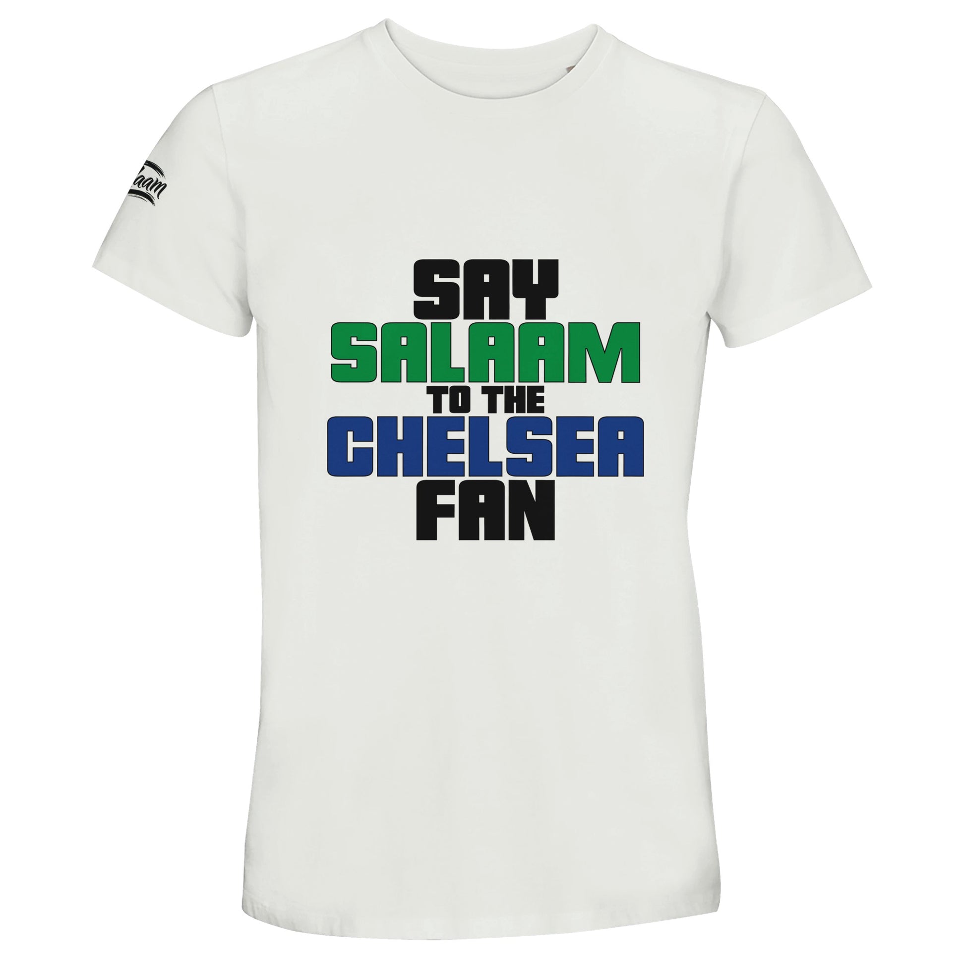 Say Salaam to the Chelsea Fan Original 50% Recycled Unisex Cotton T-Shirt – White / Platinum featuring bold, text-based design in Black, La Salle Green and Royal Blue. This minimalist tee is for the Blues faithful – from Stamford Bridge to the World Club Cup. A fusion of soccer fandom and faith for those who adore Zola, Lampard, Terry, Drogba, and Enzo in home, away, and third kits — across the legacy of SW6. Designed for Chelsea Muslim Supporters Group members who scroll transfer news between prayers.