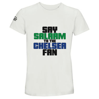 Say Salaam to the Chelsea Fan Original 50% Recycled Unisex Cotton T-Shirt – White / Platinum featuring bold, text-based design in Black, La Salle Green and Royal Blue. This minimalist tee is for the Blues faithful – from Stamford Bridge to the World Club Cup. A fusion of soccer fandom and faith for those who adore Zola, Lampard, Terry, Drogba, and Enzo in home, away, and third kits — across the legacy of SW6. Designed for Chelsea Muslim Supporters Group members who scroll transfer news between prayers.