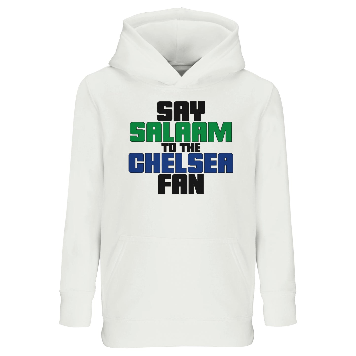Say Salaam to the Chelsea Fan Original Part-Recycled Cotton-Poly Kids Hoodie – White / Platinum featuring bold, text-based design in Black, La Salle Green and Royal Blue. This minimalist hoodie is for Blues faithful or Chelsea Muslim Supporters Group members who scroll transfer news between prayers – from Stamford Bridge to the World Club Cup. A non-Megastore fusion of football fandom and faith for fans of Zola, Lampard, Terry, Drogba, and Enzo in home, away, and third kits across SW6.
