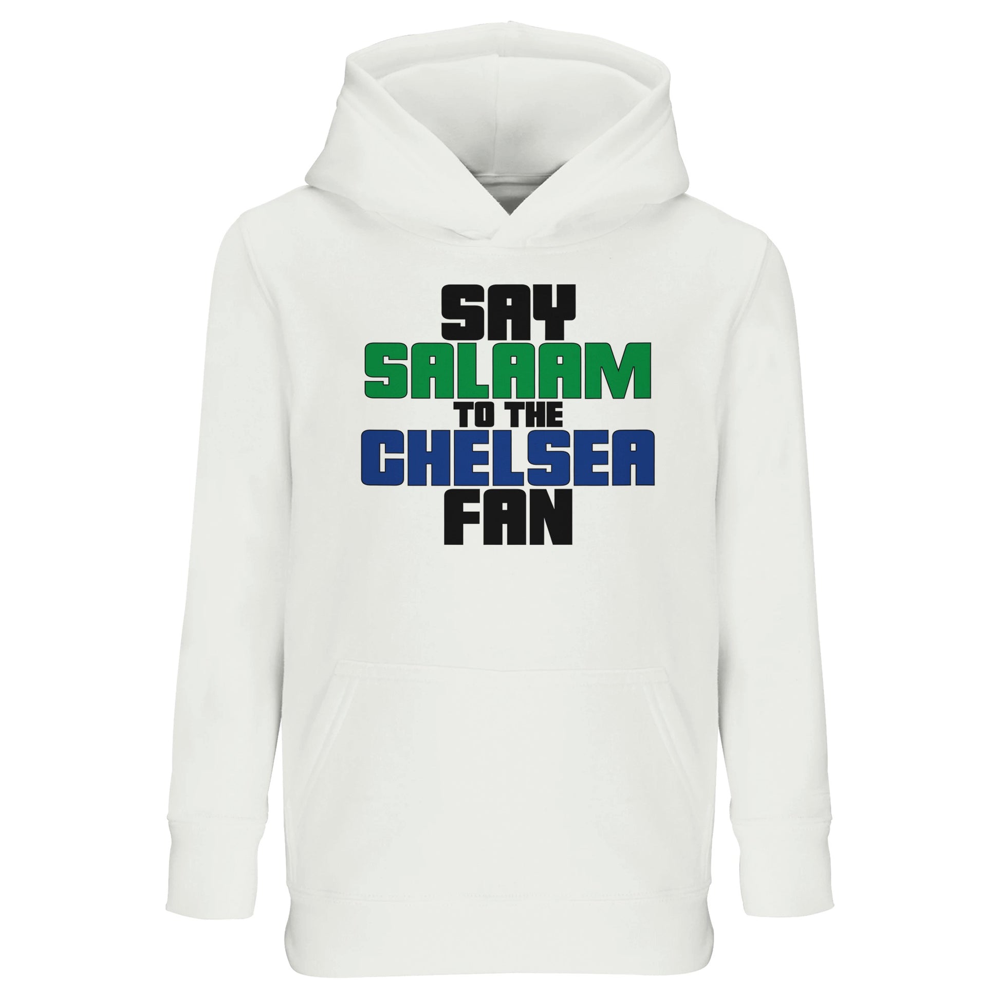 Say Salaam to the Chelsea Fan Original Part-Recycled Cotton-Poly Kids Hoodie – White / Platinum featuring bold, text-based design in Black, La Salle Green and Royal Blue. This minimalist hoodie is for Blues faithful or Chelsea Muslim Supporters Group members who scroll transfer news between prayers – from Stamford Bridge to the World Club Cup. A non-Megastore fusion of football fandom and faith for fans of Zola, Lampard, Terry, Drogba, and Enzo in home, away, and third kits across SW6.