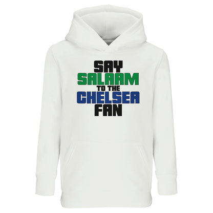 Say Salaam to the Chelsea Fan Original Part-Recycled Cotton-Poly Kids Hoodie – White / Platinum featuring bold, text-based design in Black, La Salle Green and Royal Blue. This minimalist hoodie is for Blues faithful or Chelsea Muslim Supporters Group members who scroll transfer news between prayers – from Stamford Bridge to the World Club Cup. A non-Megastore fusion of football fandom and faith for fans of Zola, Lampard, Terry, Drogba, and Enzo in home, away, and third kits across SW6.