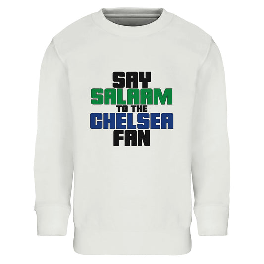 Say Salaam to the Chelsea Fan Original Part-Recycled Cotton-Poly Kids Sweatshirt – White / Platinum featuring bold, text-based design in Black, La Salle Green and Royal Blue. This minimalist sweatshirt is for Blues faithful or Chelsea Muslim Supporters Group members who scroll transfer news between prayers – from Stamford Bridge to the World Club Cup. A non-Megastore fusion of football fandom and faith for fans of Zola, Lampard, Terry, Drogba, and Enzo in home, away, and third kits across SW6.