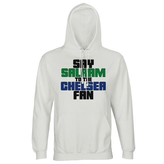Say Salaam to the Chelsea Fan Original Part-Recycled Unisex Cotton-Poly Hoodie – White / Platinum featuring bold, text-based design in Black, La Salle Green and Royal Blue. This minimalist hoodie is for Blues faithful or Chelsea Muslim Supporters Group members who scroll transfer news between prayers – from Stamford Bridge to the World Club Cup. A non-Megastore fusion of football fandom and faith for fans of Zola, Lampard, Terry, Drogba, and Enzo in home, away, and third kits across SW6.