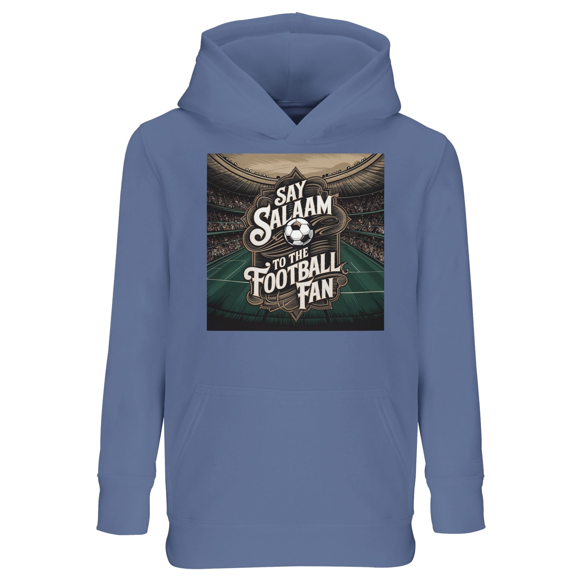 Say Salaam to the Football Fan Design #10 kids hoodie in blue, made from part-recycled cotton-poly fleece with a detailed football stadium graphic inspired by matchday atmospheres. An affordable kids football hoodie for 3-year-olds to sixteen-year-olds, designed as Muslim wear that lets young fans say Salaam in style while supporting their team, club or FC. Ideal for school days, weekend matches, gifting, birthdays, casual wear, following new kits, checking results and growing up around football culture.