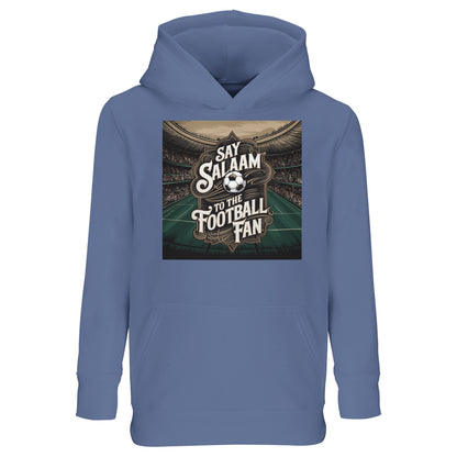Say Salaam to the Football Fan Design #10 kids hoodie in blue, made from part-recycled cotton-poly fleece with a detailed football stadium graphic inspired by matchday atmospheres. An affordable kids football hoodie for 3-year-olds to sixteen-year-olds, designed as Muslim wear that lets young fans say Salaam in style while supporting their team, club or FC. Ideal for school days, weekend matches, gifting, birthdays, casual wear, following new kits, checking results and growing up around football culture.