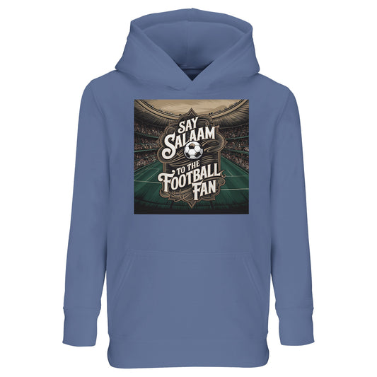 Say Salaam to the Football Fan Design #10 kids hoodie in blue, made from part-recycled cotton-poly fleece with a detailed football stadium graphic inspired by matchday atmospheres. An affordable kids football hoodie for 3-year-olds to sixteen-year-olds, designed as Muslim wear that lets young fans say Salaam in style while supporting their team, club or FC. Ideal for school days, weekend matches, gifting, birthdays, casual wear, following new kits, checking results and growing up around football culture.