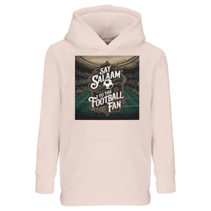 Say Salaam to the Football Fan Design #10 kids hoodie in creamy pink, made from soft cotton-poly fleece with a detailed football stadium graphic. A stylish yet affordable Muslim kids hoodie for three-year-olds, four-year-olds, five-year-olds, six-year-olds, to sixteen-year-olds, ideal for saying Salaam in style while supporting clubs and FC teams. Designed for everyday outfits, gifting, school wear and casual football days, it blends comfort, faith, family values and modern soccer-inspired fashion.
