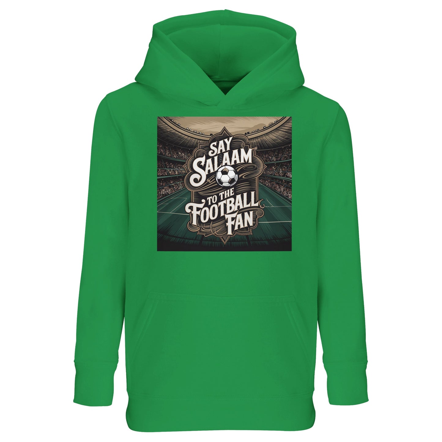 Say Salaam to the Football Fan Design #10 kids hoodie in kelly green, featuring cotton-poly fleece and a bold stadium football graphic linked to classic soccer visuals. Designed for Muslim wear and young football fans aged three to sixteen, this affordable hooded top suits club colours, FC pride and everyday fan outfits. Easy to wear for school, play, gifting and casual matchdays, it reflects family values, faith and love for football while staying comfortable and suitable for daily use.