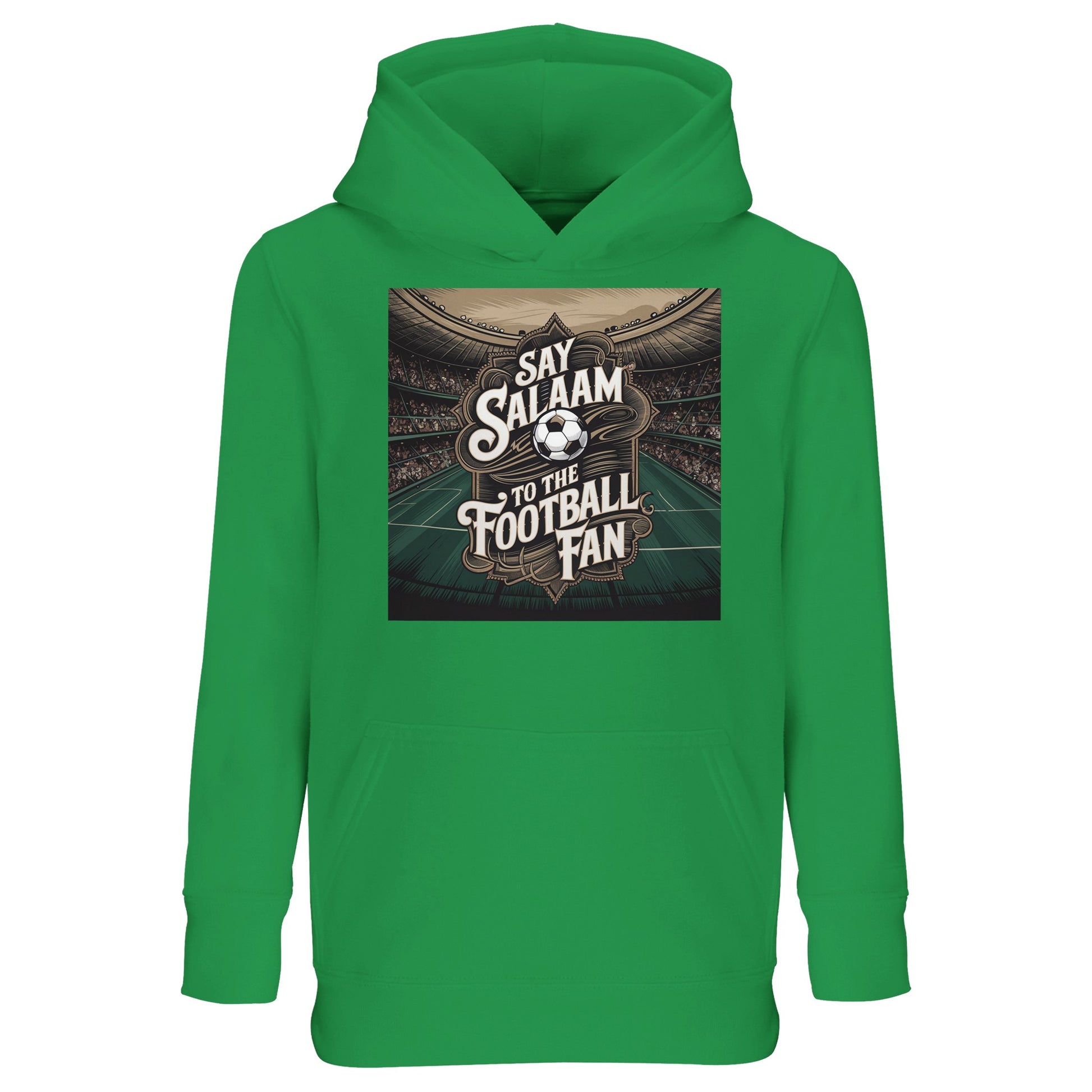 Say Salaam to the Football Fan Design #10 kids hoodie in kelly green, featuring cotton-poly fleece and a bold stadium football graphic linked to classic soccer visuals. Designed for Muslim wear and young football fans aged three to sixteen, this affordable hooded top suits club colours, FC pride and everyday fan outfits. Easy to wear for school, play, gifting and casual matchdays, it reflects family values, faith and love for football while staying comfortable and suitable for daily use.