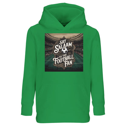 Say Salaam to the Football Fan Design #10 kids hoodie in kelly green, featuring cotton-poly fleece and a bold stadium football graphic linked to classic soccer visuals. Designed for Muslim wear and young football fans aged three to sixteen, this affordable hooded top suits club colours, FC pride and everyday fan outfits. Easy to wear for school, play, gifting and casual matchdays, it reflects family values, faith and love for football while staying comfortable and suitable for daily use.