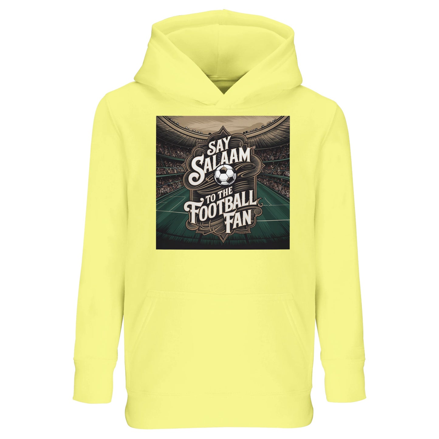 Say Salaam to the Football Fan Design #10 kids hoodie in light yellow, made from soft cotton-poly fleece with a standout football stadium illustration. A value kids soccer hoodie for three-year-olds to sixteen-year-olds, ideal for Muslim families who want modest, comfortable clothing that still reflects football passion. Great for school wear, gifts, casual weekends, following teams and clubs, new kit seasons and saying Salaam in a relaxed, modern football-inspired style.