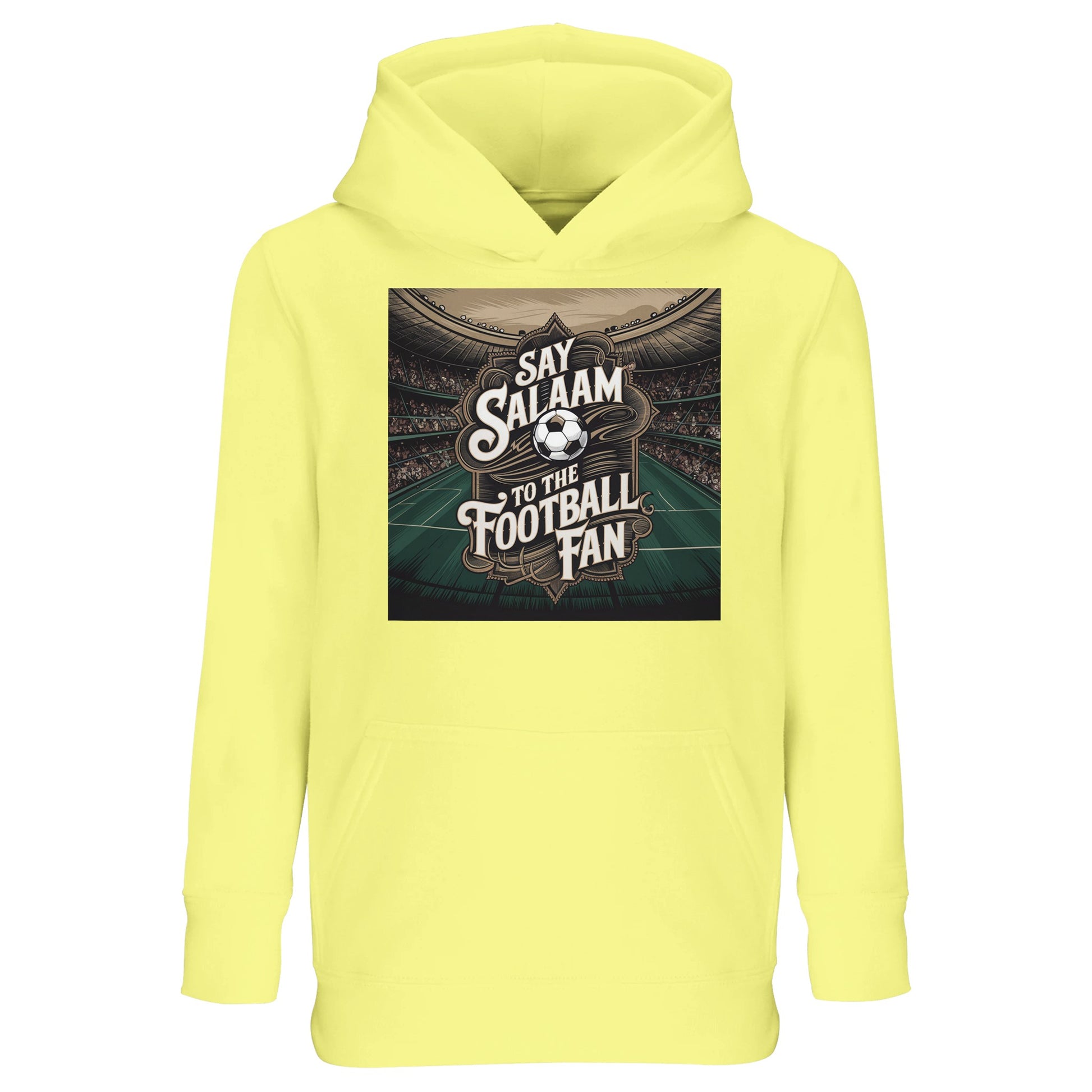 Say Salaam to the Football Fan Design #10 kids hoodie in light yellow, made from soft cotton-poly fleece with a standout football stadium illustration. A value kids soccer hoodie for three-year-olds to sixteen-year-olds, ideal for Muslim families who want modest, comfortable clothing that still reflects football passion. Great for school wear, gifts, casual weekends, following teams and clubs, new kit seasons and saying Salaam in a relaxed, modern football-inspired style.