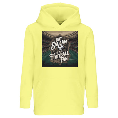 Say Salaam to the Football Fan Design #10 kids hoodie in light yellow, made from soft cotton-poly fleece with a standout football stadium illustration. A value kids soccer hoodie for three-year-olds to sixteen-year-olds, ideal for Muslim families who want modest, comfortable clothing that still reflects football passion. Great for school wear, gifts, casual weekends, following teams and clubs, new kit seasons and saying Salaam in a relaxed, modern football-inspired style.