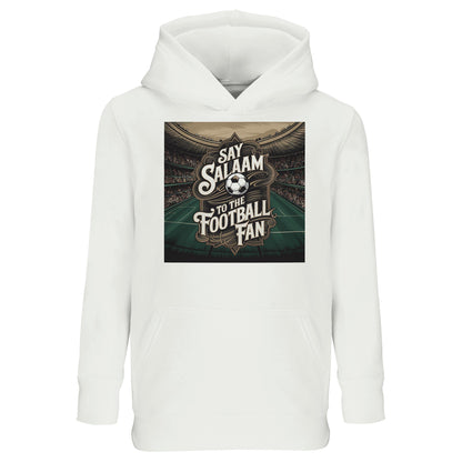 Say Salaam to the Football Fan Design #10 kids hoodie in white, featuring clean stadium football artwork printed on brushed cotton-poly fleece. An affordable Muslim kids hooded pullover for ages three to sixteen, designed for fans of clubs, FCs and team football culture. Suitable for school, family gatherings, gifting and everyday wear, it allows young supporters to say Salaam with confidence while enjoying comfortable fan clothing inspired by matchday visuals and modern soccer kits.