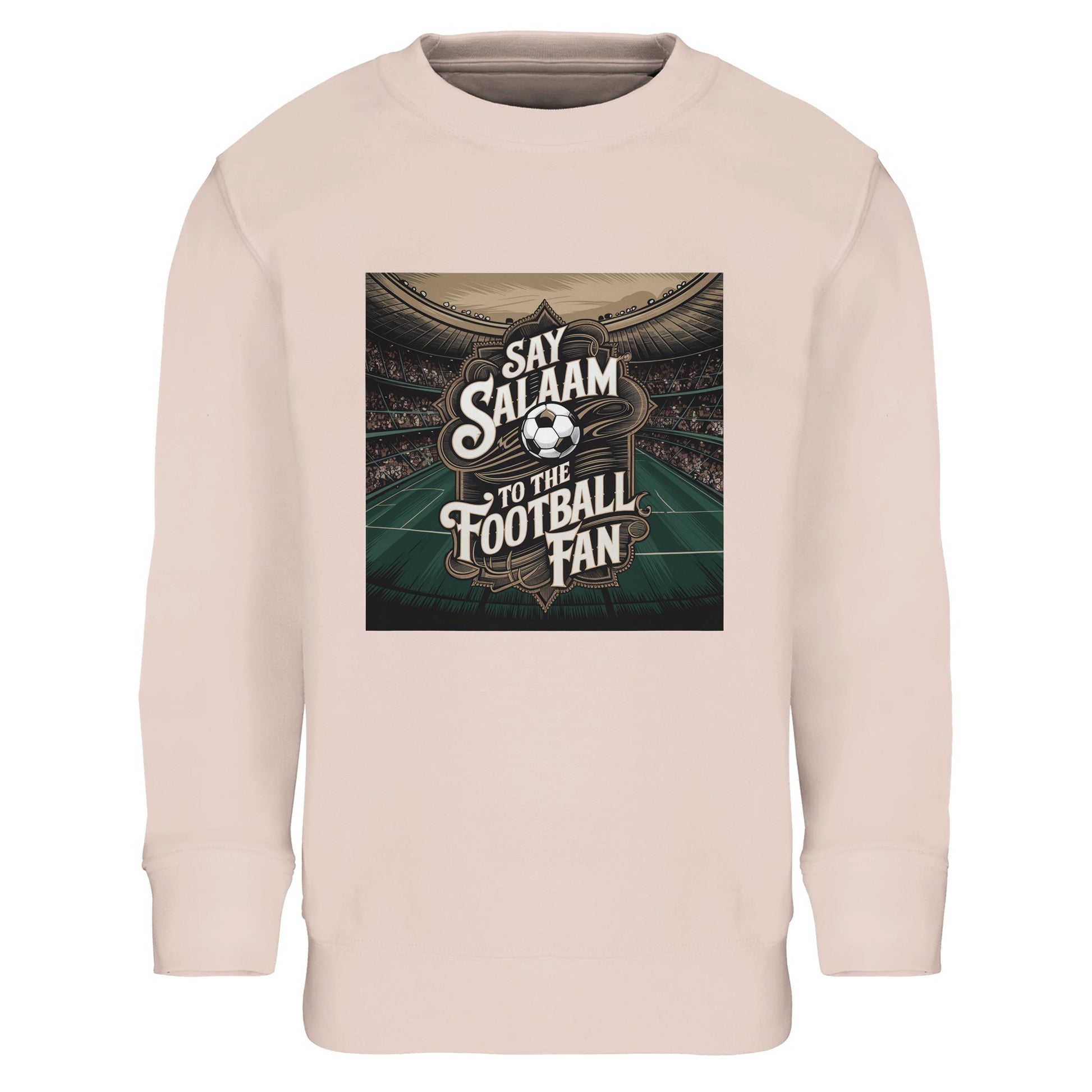 Say Salaam to the Football Fan Design #10 Part-Recycled Cotton-Poly Kids Sweatshirt – Creamy Pink / Oyster Pink with soft stadium lighting and bold football design. A football fan sweatshirt for supporters searching for new soccer gifts, club fanwear and strong value. Great for children who track fixtures, scores, goals. Not a replica kit — this warm layer suits school days, weekend kickabouts, matches and family stadium visits, pairing easily with coats, joggers, boots & winter football essentials.