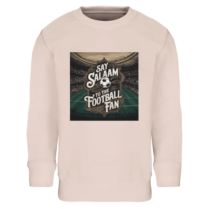 Say Salaam to the Football Fan Design #10 Part-Recycled Cotton-Poly Kids Sweatshirt – Creamy Pink / Oyster Pink with soft stadium lighting and bold football design. A football fan sweatshirt for supporters searching for new soccer gifts, club fanwear and strong value. Great for children who track fixtures, scores, goals. Not a replica kit — this warm layer suits school days, weekend kickabouts, matches and family stadium visits, pairing easily with coats, joggers, boots & winter football essentials.