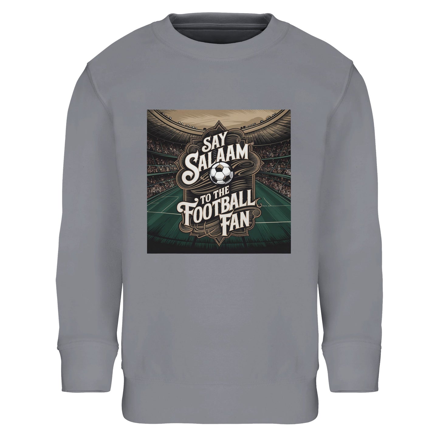 Say Salaam to the Football Fan Design #10 Part-Recycled Cotton-Poly Kids Sweatshirt – Grey Melange / Heather Grey / Marl Grey / Classic Athletic Grey Blend with bright stadium artwork across the chest. A kids sweatshirt fanwear, new football gift, club merch and strong value. Ideal for young fans who keep up with scores, fixtures, goals and highlight clips. Not a replica kit — this warm top suits school days, match weekends, kickabouts and simple stadium trips with family.