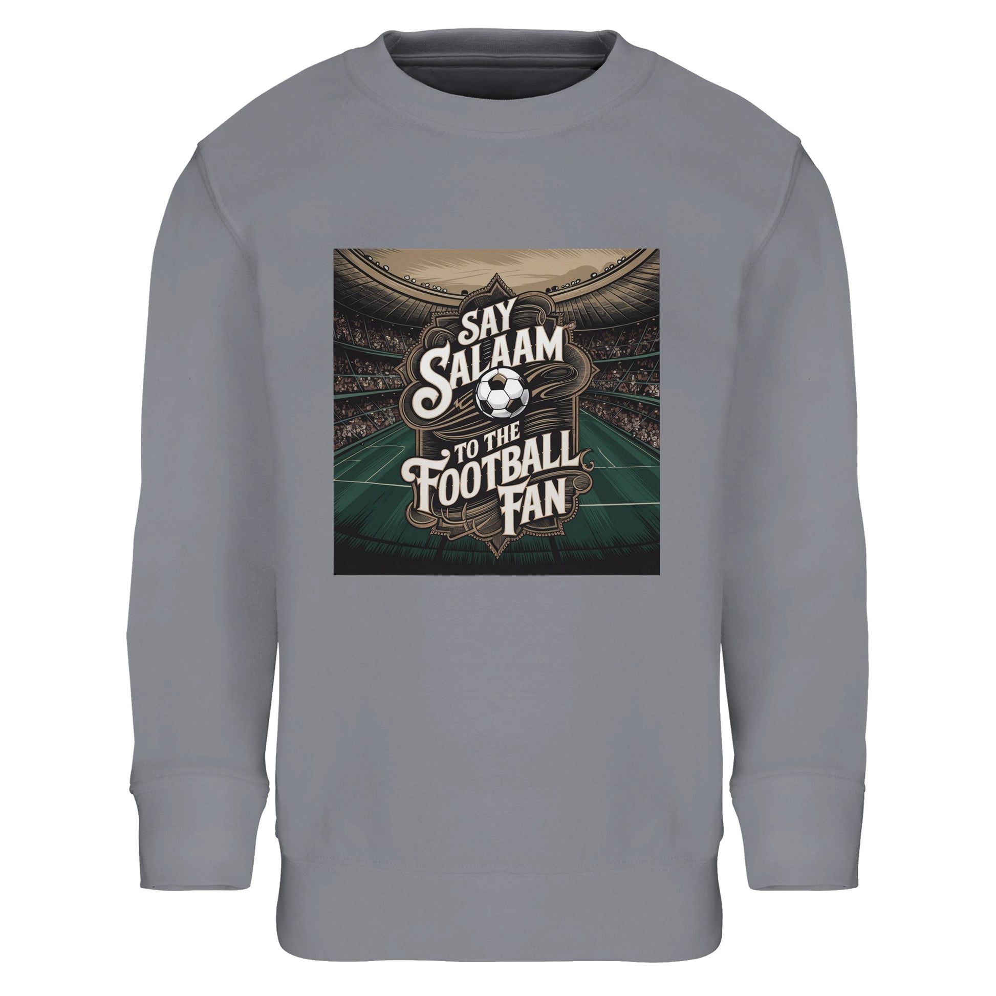 Say Salaam to the Football Fan Design #10 Part-Recycled Cotton-Poly Kids Sweatshirt – Grey Melange / Heather Grey / Marl Grey / Classic Athletic Grey Blend with bright stadium artwork across the chest. A kids sweatshirt fanwear, new football gift, club merch and strong value. Ideal for young fans who keep up with scores, fixtures, goals and highlight clips. Not a replica kit — this warm top suits school days, match weekends, kickabouts and simple stadium trips with family.