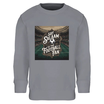 Say Salaam to the Football Fan Design #10 Part-Recycled Cotton-Poly Kids Sweatshirt – Grey Melange / Heather Grey / Marl Grey / Classic Athletic Grey Blend with bright stadium artwork across the chest. A kids sweatshirt fanwear, new football gift, club merch and strong value. Ideal for young fans who keep up with scores, fixtures, goals and highlight clips. Not a replica kit — this warm top suits school days, match weekends, kickabouts and simple stadium trips with family.
