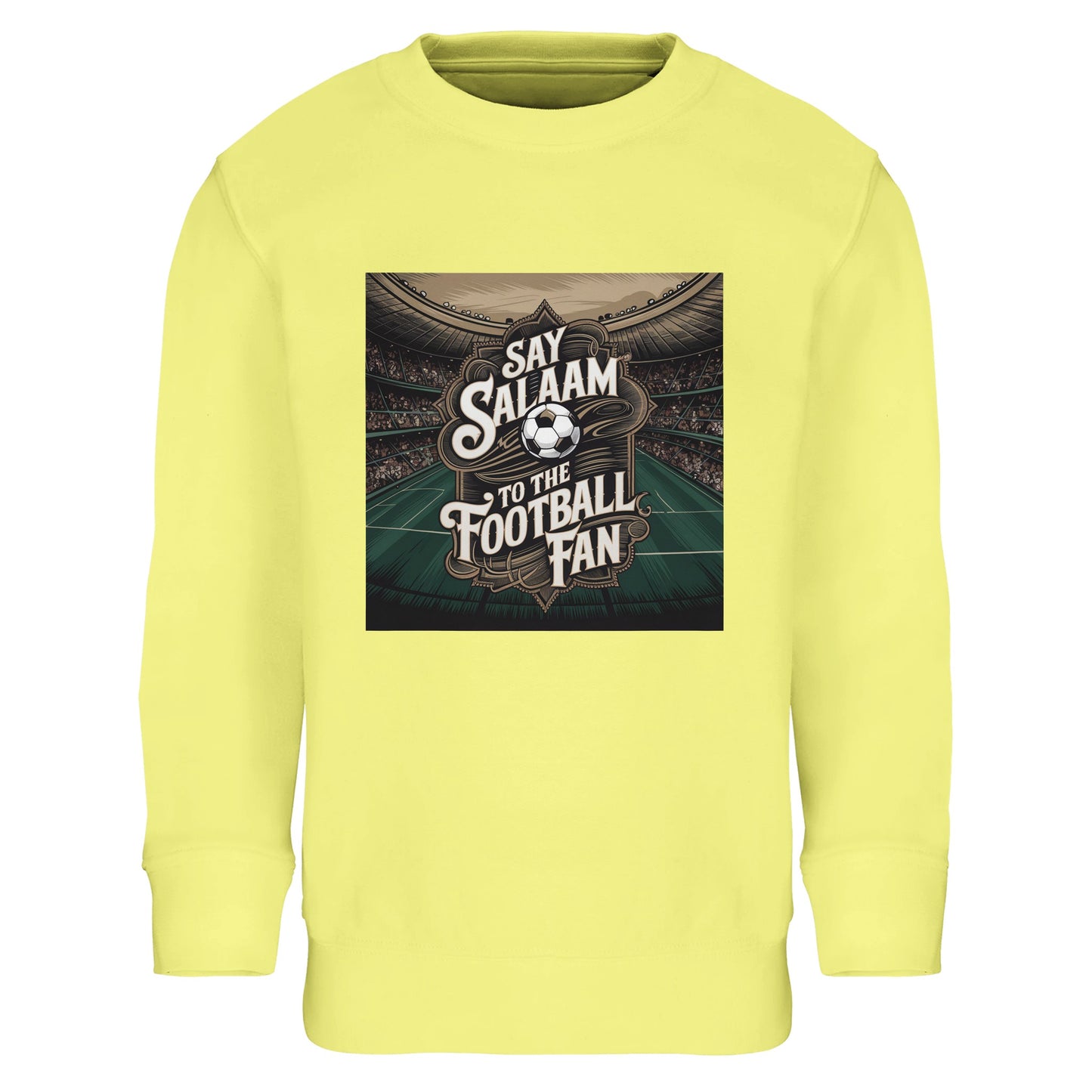 Say Salaam to the Football Fan Design #10 Part-Recycled Cotton-Poly Kids Sweatshirt – Light Yellow / Lemon Chiffon with a vibrant stadium graphic and bold football lettering. A sweatshirt for supporters searching for new merch, club gifts and fair-price fanwear. Perfect for children who follow fixtures, scores, highlight videos and team news. Not a replica kit — this warm top fits school days, kickabouts, weekend football and stadium visits, pairing perfectly with scarves, gloves and matchday winter layers.