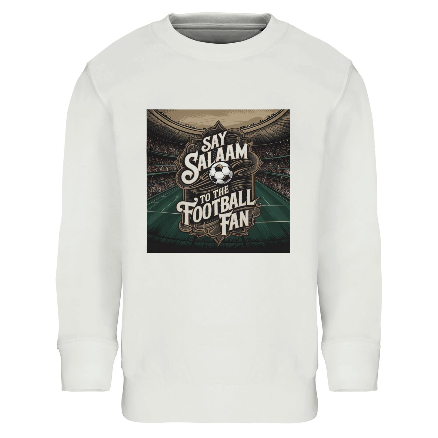Say Salaam to the Football Fan Design #10 Part-Recycled Cotton-Poly Kids Sweatshirt – White / Platinum with clear stadium detail and centred football text. A kids soccer sweatshirt for supporters searching for FC teamwear, Premier League gifts, club clothing and the best price. Ideal for young fans who check fixtures, scores, goals and highlight reels. Not a replica kit — this warm sweatshirt suits school, kickabouts, match weekends and stadium trips, as an easy layer for travel and club accessories.
