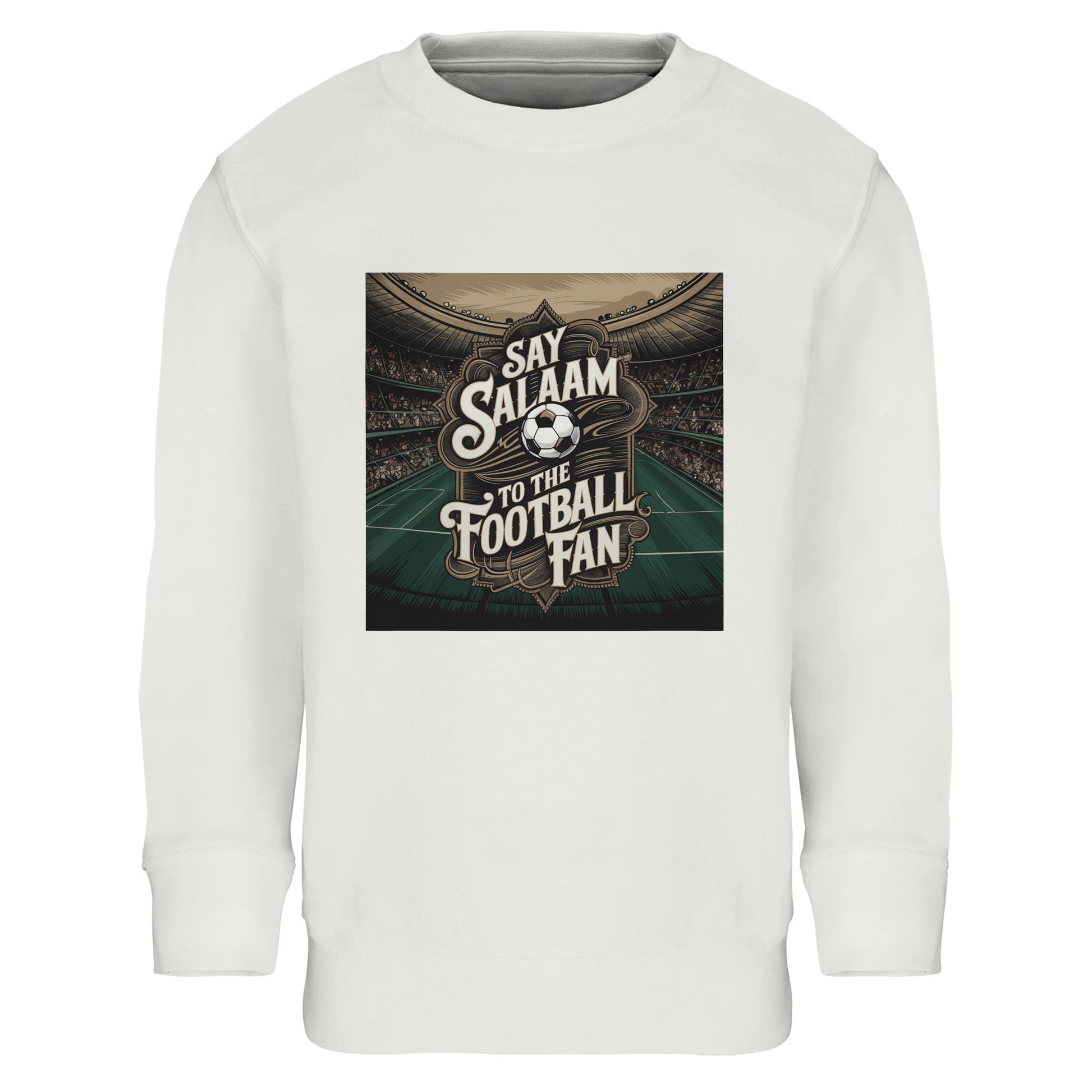 Say Salaam to the Football Fan Design #10 Part-Recycled Cotton-Poly Kids Sweatshirt – White / Platinum with clear stadium detail and centred football text. A kids soccer sweatshirt for supporters searching for FC teamwear, Premier League gifts, club clothing and the best price. Ideal for young fans who check fixtures, scores, goals and highlight reels. Not a replica kit — this warm sweatshirt suits school, kickabouts, match weekends and stadium trips, as an easy layer for travel and club accessories.