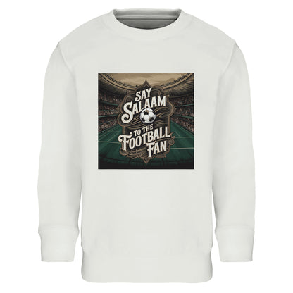 Say Salaam to the Football Fan Design #10 Part-Recycled Cotton-Poly Kids Sweatshirt – White / Platinum with clear stadium detail and centred football text. A kids soccer sweatshirt for supporters searching for FC teamwear, Premier League gifts, club clothing and the best price. Ideal for young fans who check fixtures, scores, goals and highlight reels. Not a replica kit — this warm sweatshirt suits school, kickabouts, match weekends and stadium trips, as an easy layer for travel and club accessories.