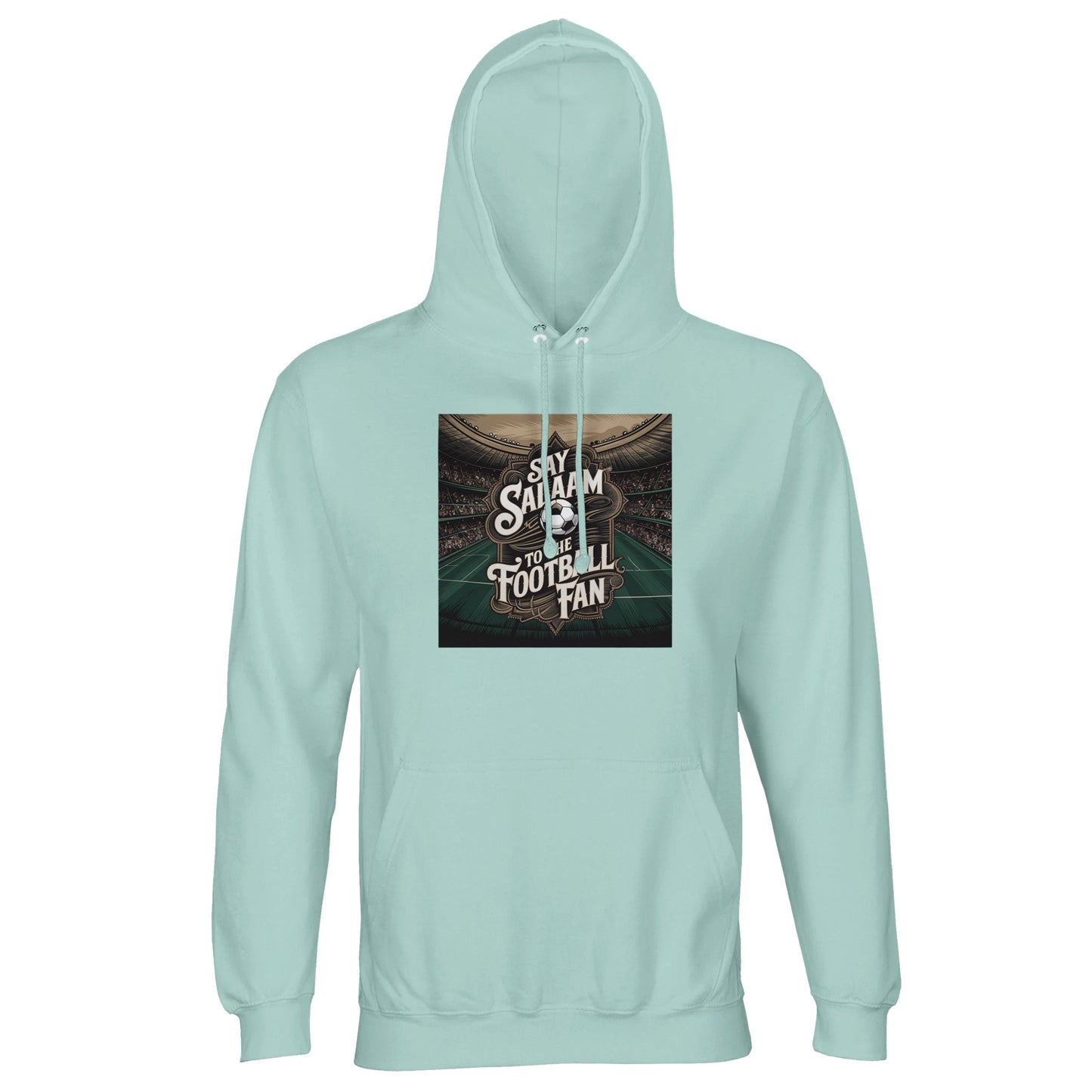 Say Salaam to the Football Fan Design #10 Part-Recycled Unisex Cotton-Poly Hoodie – Arctic Blue / Cadet Blue with cool match-night lighting around bold football text. A modest unisex brushed-fleece soccer hoodie for supporters searching for FC hoodies, Premier League merch, club gifts, new fan clothing and the best price. Fans track fixtures, goals, tables, highlight reels and football news. Not the replica kit — this warm hoodie suits stadium crowds, ticket nights, kickabouts and everyday football life.