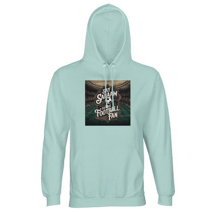 Say Salaam to the Football Fan Design #10 Part-Recycled Unisex Cotton-Poly Hoodie – Arctic Blue / Cadet Blue with cool match-night lighting around bold football text. A modest unisex brushed-fleece soccer hoodie for supporters searching for FC hoodies, Premier League merch, club gifts, new fan clothing and the best price. Fans track fixtures, goals, tables, highlight reels and football news. Not the replica kit — this warm hoodie suits stadium crowds, ticket nights, kickabouts and everyday football life.