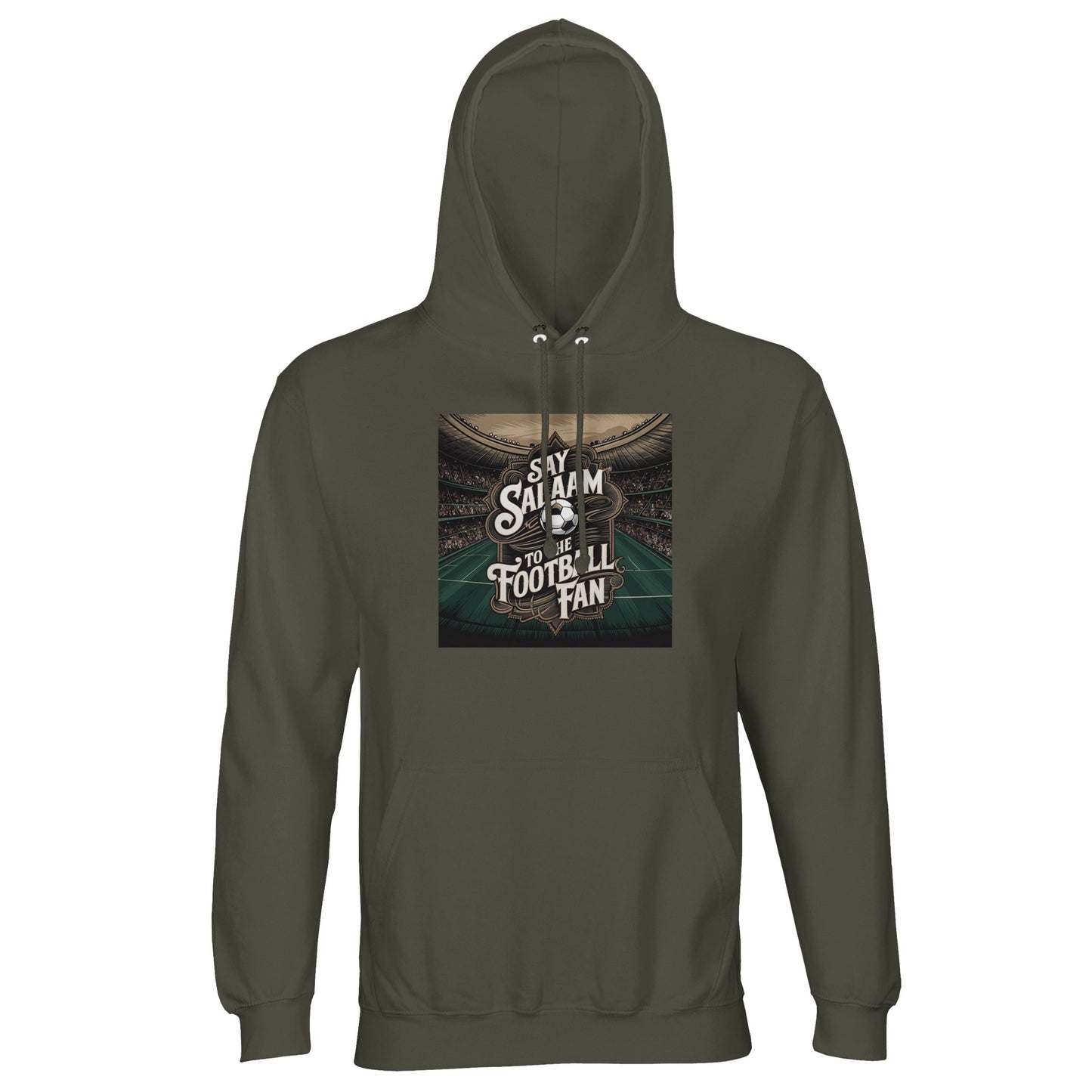 Say Salaam to the Football Fan Design #10 Part-Recycled Unisex Cotton-Poly Hoodie – Army / Fuscous Green with a vintage stadium design and football crest. Perfect for classic England kit fans and soccer loyalists chasing EPL and World Cup glory. Not the branded replica or overpriced fanwear — this modest brushed-fleece hoodie blends eco comfort and retro culture, built for supporters reliving iconic goals, Champions League nights and 90s-style terraces. A unisex essential that belongs in every kitbag.