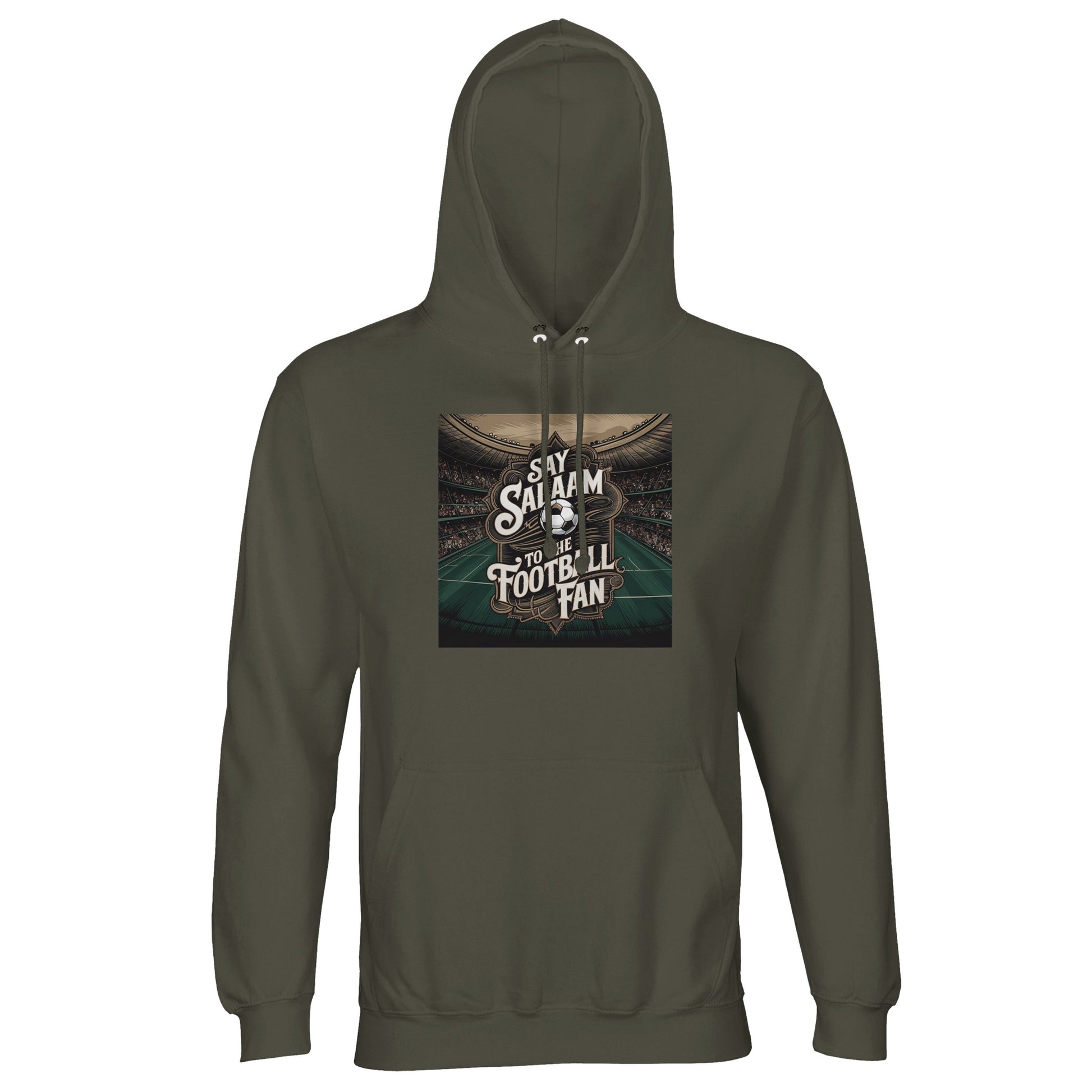 Say Salaam to the Football Fan Design #10 Part-Recycled Unisex Cotton-Poly Hoodie – Army / Fuscous Green with a vintage stadium design and football crest. Perfect for classic England kit fans and soccer loyalists chasing EPL and World Cup glory. Not the branded replica or overpriced fanwear — this modest brushed-fleece hoodie blends eco comfort and retro culture, built for supporters reliving iconic goals, Champions League nights and 90s-style terraces. A unisex essential that belongs in every kitbag.