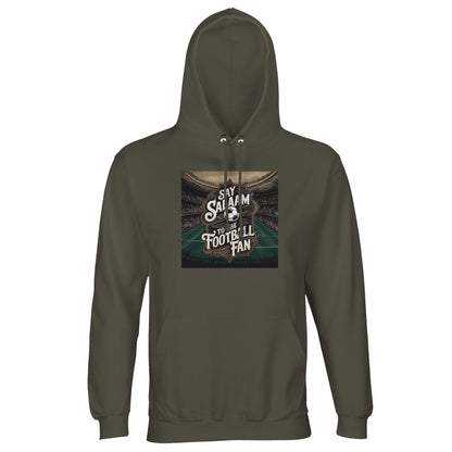 Say Salaam to the Football Fan Design #10 Part-Recycled Unisex Cotton-Poly Hoodie – Army / Fuscous Green with a vintage stadium design and football crest. Perfect for classic England kit fans and soccer loyalists chasing EPL and World Cup glory. Not the branded replica or overpriced fanwear — this modest brushed-fleece hoodie blends eco comfort and retro culture, built for supporters reliving iconic goals, Champions League nights and 90s-style terraces. A unisex essential that belongs in every kitbag.