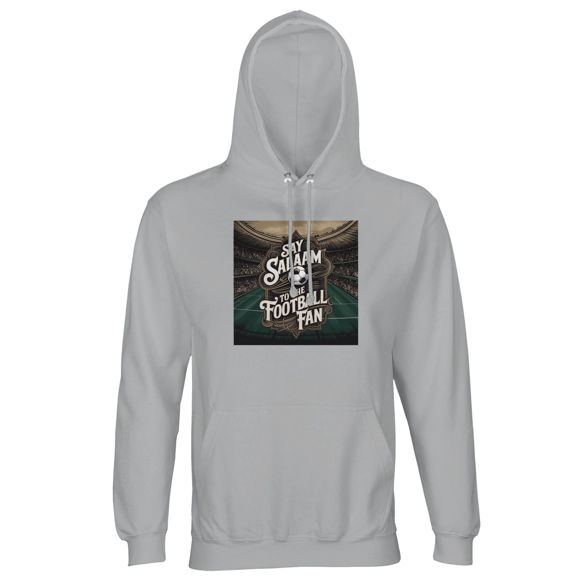 Say Salaam to the Football Fan Design #10 Part-Recycled Unisex Cotton-Poly Hoodie – Ash / Silver Chalice with stadium-light artwork and bold football text. A modest unisex brushed-fleece football hoodie for supporters searching for new football merch, Premier League team clothing, club gifts and the best price on football fanwear. Fans follow fixtures, scores, tables, goals and highlights all week. Not the replica kit — this warm soccer hoodie suits five-a-side, stadium days and everyday football culture.