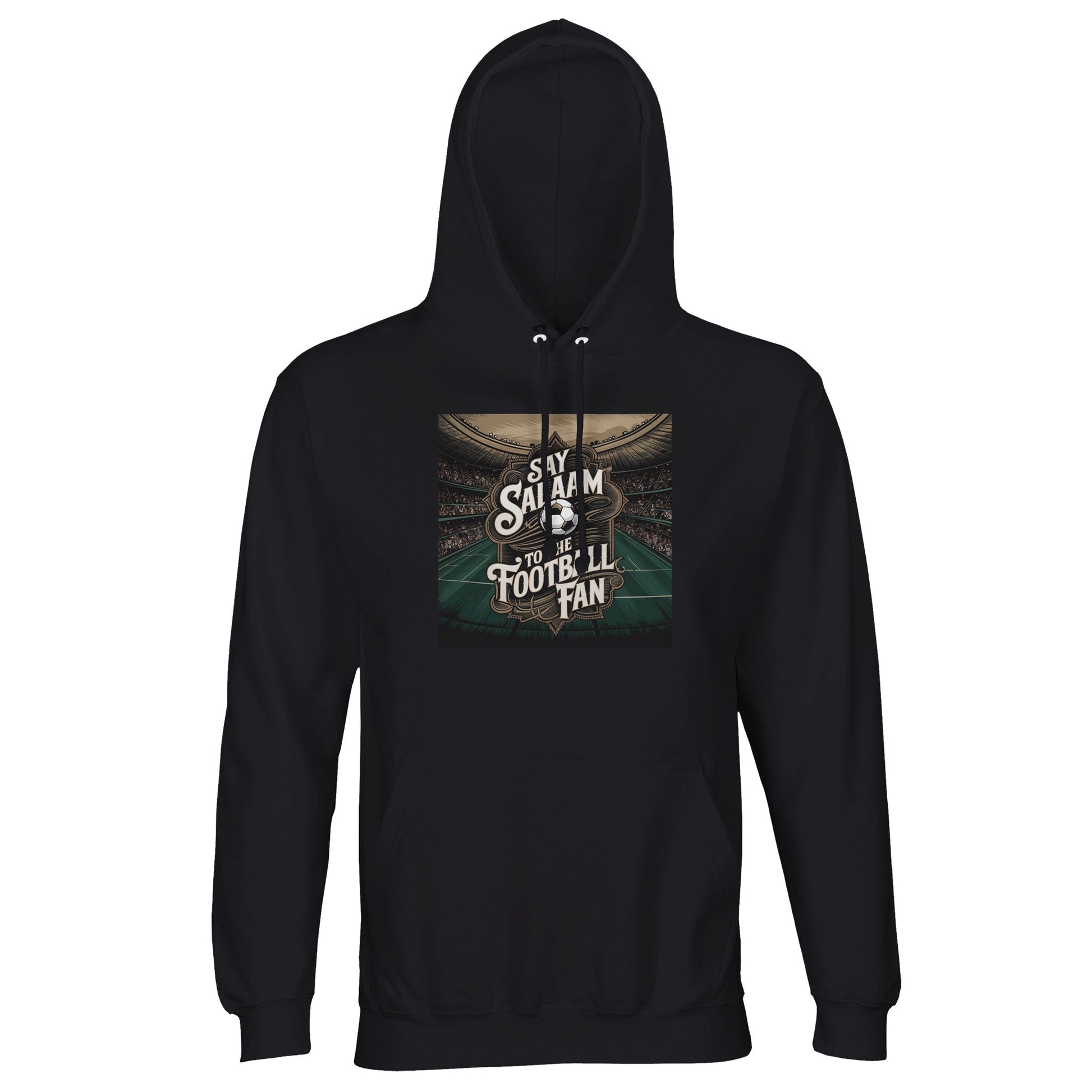 Say Salaam to the Football Fan Design #10 Part-Recycled Unisex Cotton-Poly Hoodie – Black / Onyx with a stadium illustration and central soccer crest. Designed for classic Premier League purists and England fans who keep their vintage shirts folded neatly in a kitbag. Not the commercial club hoodie - this modest, eco brushed-fleece layer blends Islamic streetwear and terrace culture. Perfect for unisex wearers who follow Champions League stats and the timeless beauty of retro football.
