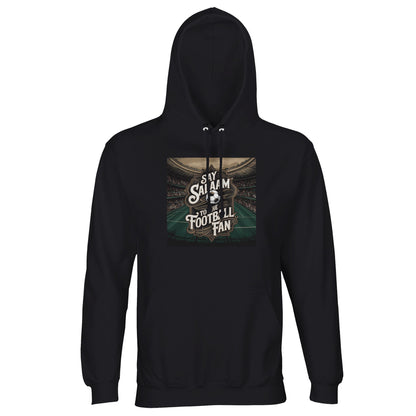 Say Salaam to the Football Fan Design #10 Part-Recycled Unisex Cotton-Poly Hoodie – Black / Onyx with a stadium illustration and central soccer crest. Designed for classic Premier League purists and England fans who keep their vintage shirts folded neatly in a kitbag. Not the commercial club hoodie - this modest, eco brushed-fleece layer blends Islamic streetwear and terrace culture. Perfect for unisex wearers who follow Champions League stats and the timeless beauty of retro football.