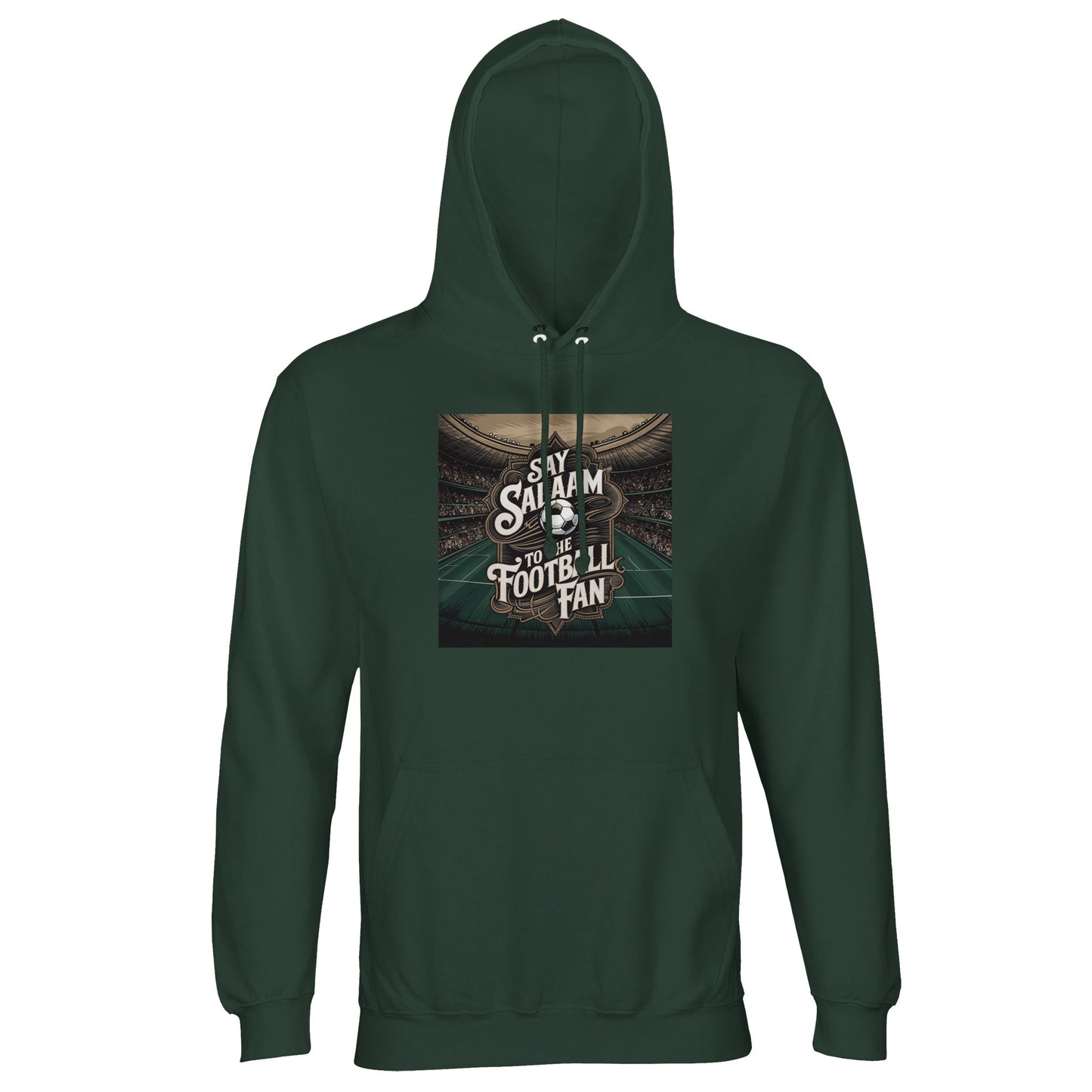 Say Salaam to the Football Fan Design #10 Part-Recycled Unisex Cotton-Poly Hoodie – Bottle Green / Deep Pitch with vintage stadium artwork and football crest. Ideal for classic soccer fans, retro England collectors and 90s-style kitbag loyalists. Not the sponsor-laden replica — this brushed-fleece hooded pullover is modest, unisex and eco-conscious, perfect for those who know the smell of rain on a matchday, the thrill of stoppage time and the joy of a classic Premier League winner.