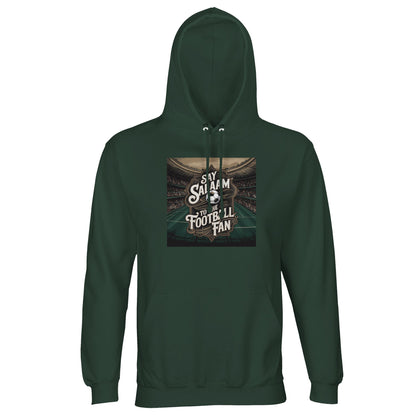 Say Salaam to the Football Fan Design #10 Part-Recycled Unisex Cotton-Poly Hoodie – Bottle Green / Deep Pitch with vintage stadium artwork and football crest. Ideal for classic soccer fans, retro England collectors and 90s-style kitbag loyalists. Not the sponsor-laden replica — this brushed-fleece hooded pullover is modest, unisex and eco-conscious, perfect for those who know the smell of rain on a matchday, the thrill of stoppage time and the joy of a classic Premier League winner.