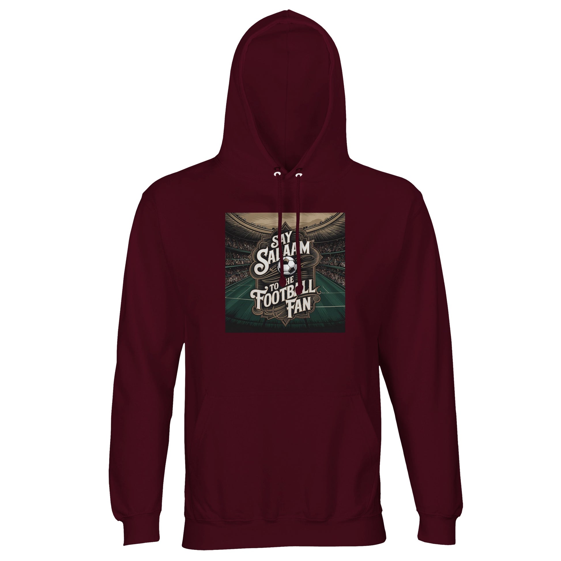 Say Salaam to the Football Fan Design #10 Part-Recycled Unisex Cotton-Poly Hoodie – Burgundy / Claret Red with stadium-view artwork and football crest. A classic for retro soccer fans, vintage England shirt owners and Premier League enthusiasts alike. Not the overpriced replica — this modest brushed-fleece hooded jumper is unisex, eco-friendly and ready for real supporters. A kitbag essential for those who still debate 90s goals, World Cup glories, and every nostalgic chant echoing through stadium stands.