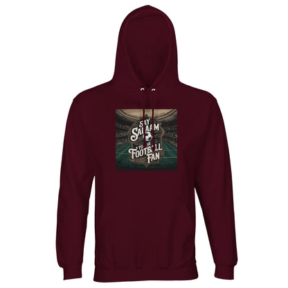 Say Salaam to the Football Fan Design #10 Part-Recycled Unisex Cotton-Poly Hoodie – Burgundy / Claret Red with stadium-view artwork and football crest. A classic for retro soccer fans, vintage England shirt owners and Premier League enthusiasts alike. Not the overpriced replica — this modest brushed-fleece hooded jumper is unisex, eco-friendly and ready for real supporters. A kitbag essential for those who still debate 90s goals, World Cup glories, and every nostalgic chant echoing through stadium stands.